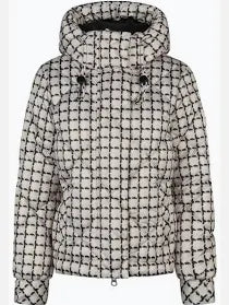 Cream and black plaid stitched puffer jacket shown on plain white background