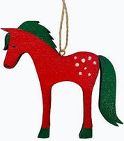 Green and red standing horse wooden ornament with twine shown on plain white background