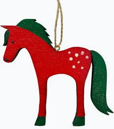 Green and red standing horse wooden ornament with twine shown on plain white background