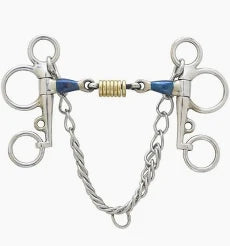A silver equestrian bit with a twisted metal chain, featuring blue and gold accents on the jaw sections, set against a plain white background.