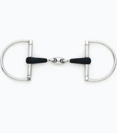 Silver metal dee ring snaffle with double jointed mouthpiece with black rubber coating shown on plain white background
