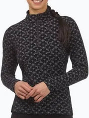 Black quarter zip long sleeve baselayer with grey geometric print shown on model