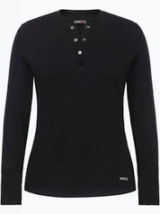 Black textured long sleeve baselayer with silver buttons shown on plain white background