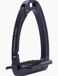 A black safety stirrup with a textured footbed and white printed branding, shown against a plain white background.