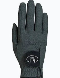 Grey leather glove with crystal emblem shown on plain white background