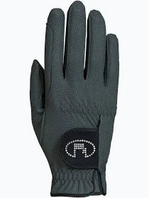 Grey leather glove with crystal emblem shown on plain white background