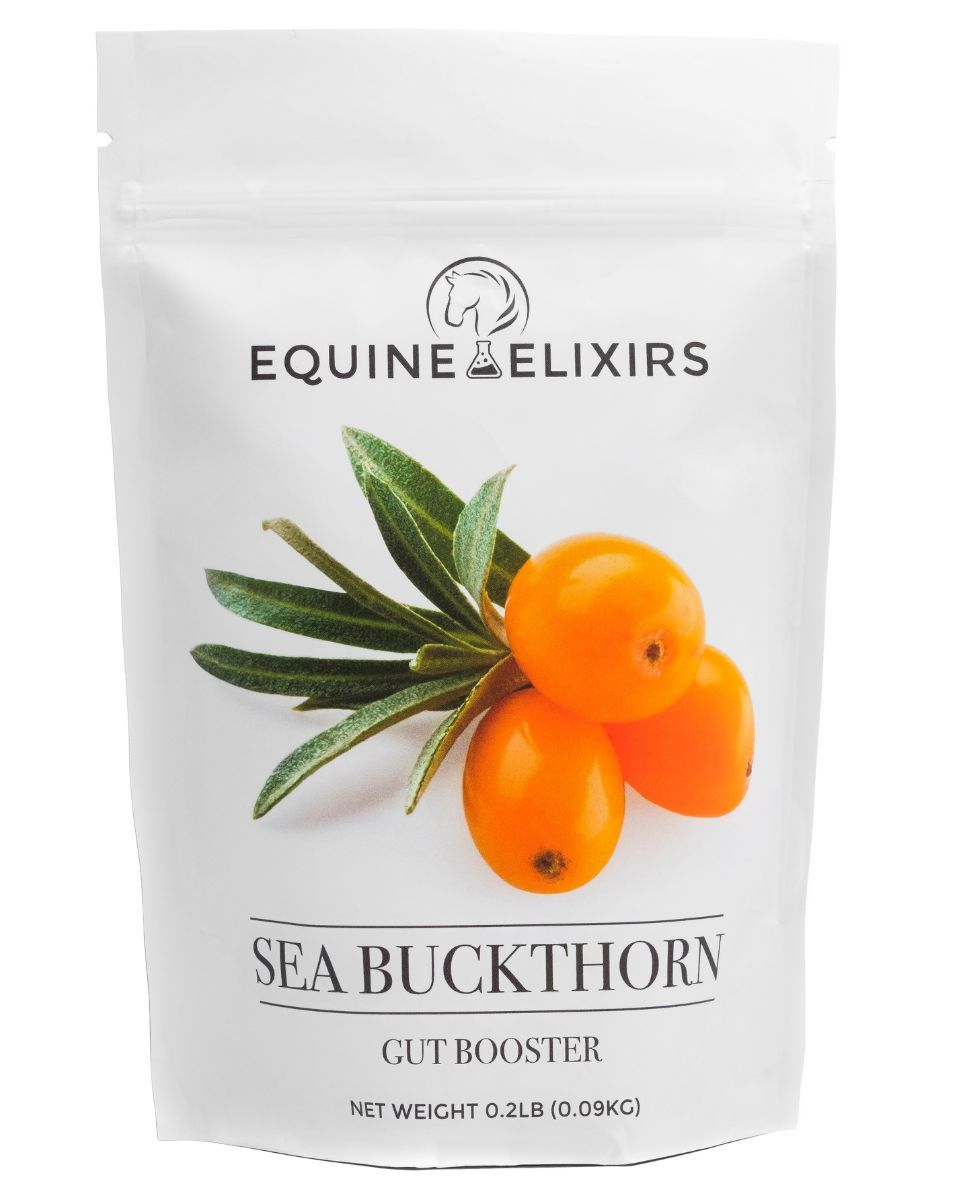 View of the small bag of Equine Elixirs Sea Buckthorn on a plain background