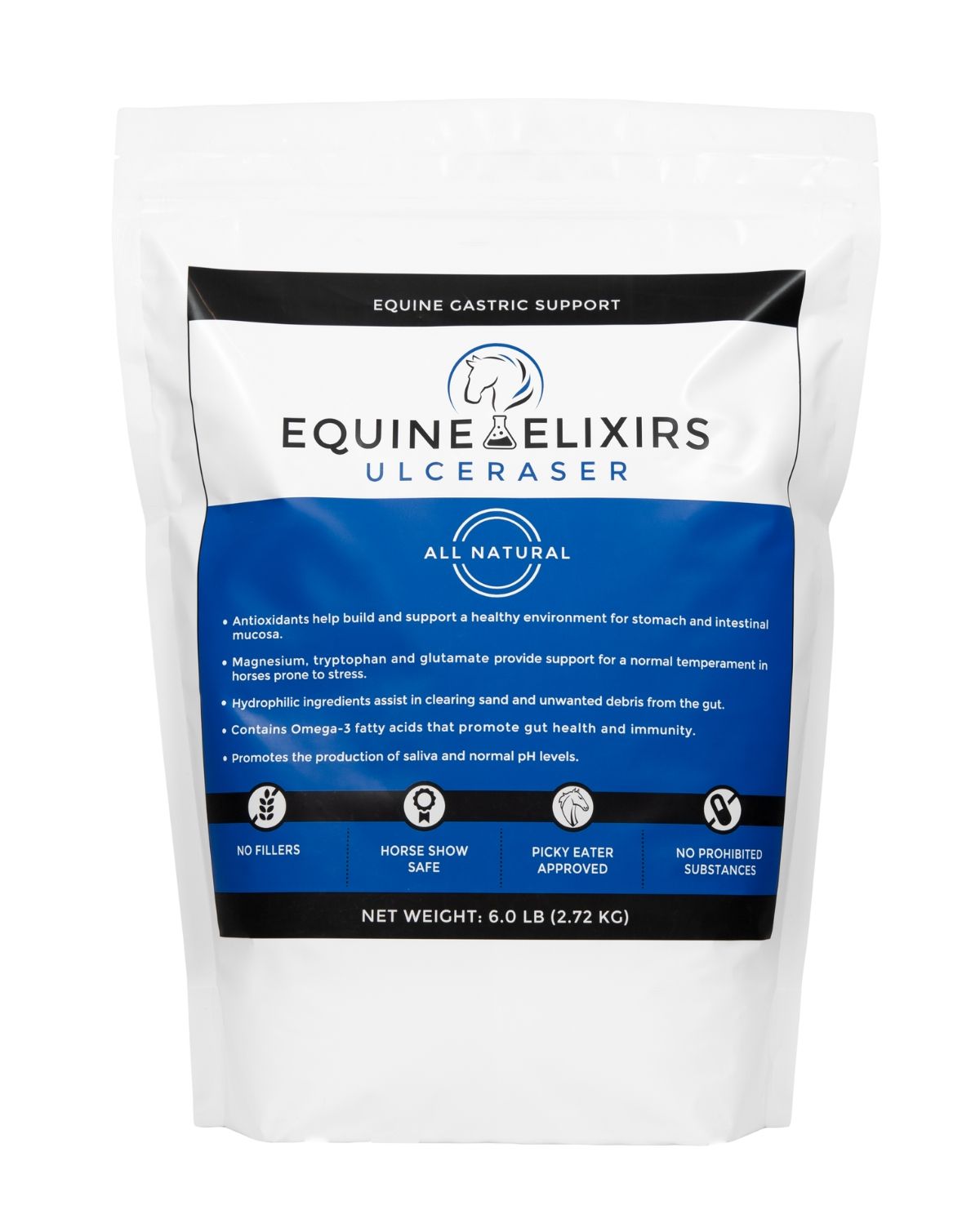 Front view of a small bag of Equine Elixirs Ulceraser on a white background