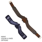 View of a black and a brown Total Saddle Fit StretchTec Shoulder Relief Girth on a white background