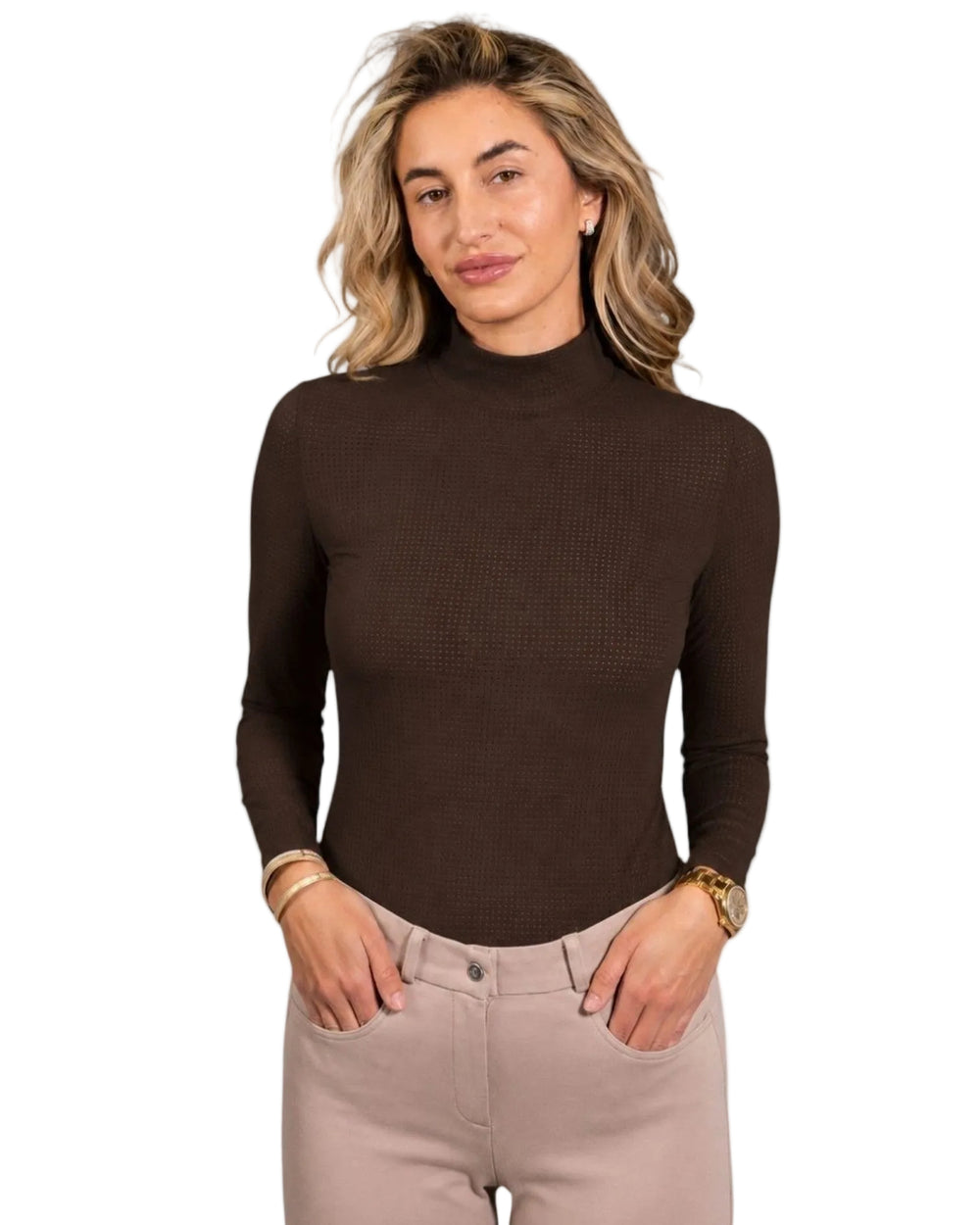 Front view of a female model wearing the Dark Chocolate Equisite Alesia Perforated Long Sleeve Shirt on a white background