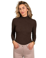 Front view of a female model wearing the Dark Chocolate Equisite Alesia Perforated Long Sleeve Shirt on a white background