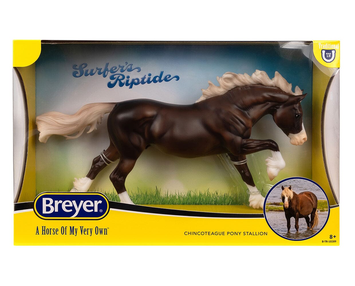 View of the Breyer Surfer's Riptide Chincoteague Pony in its original box on a white background