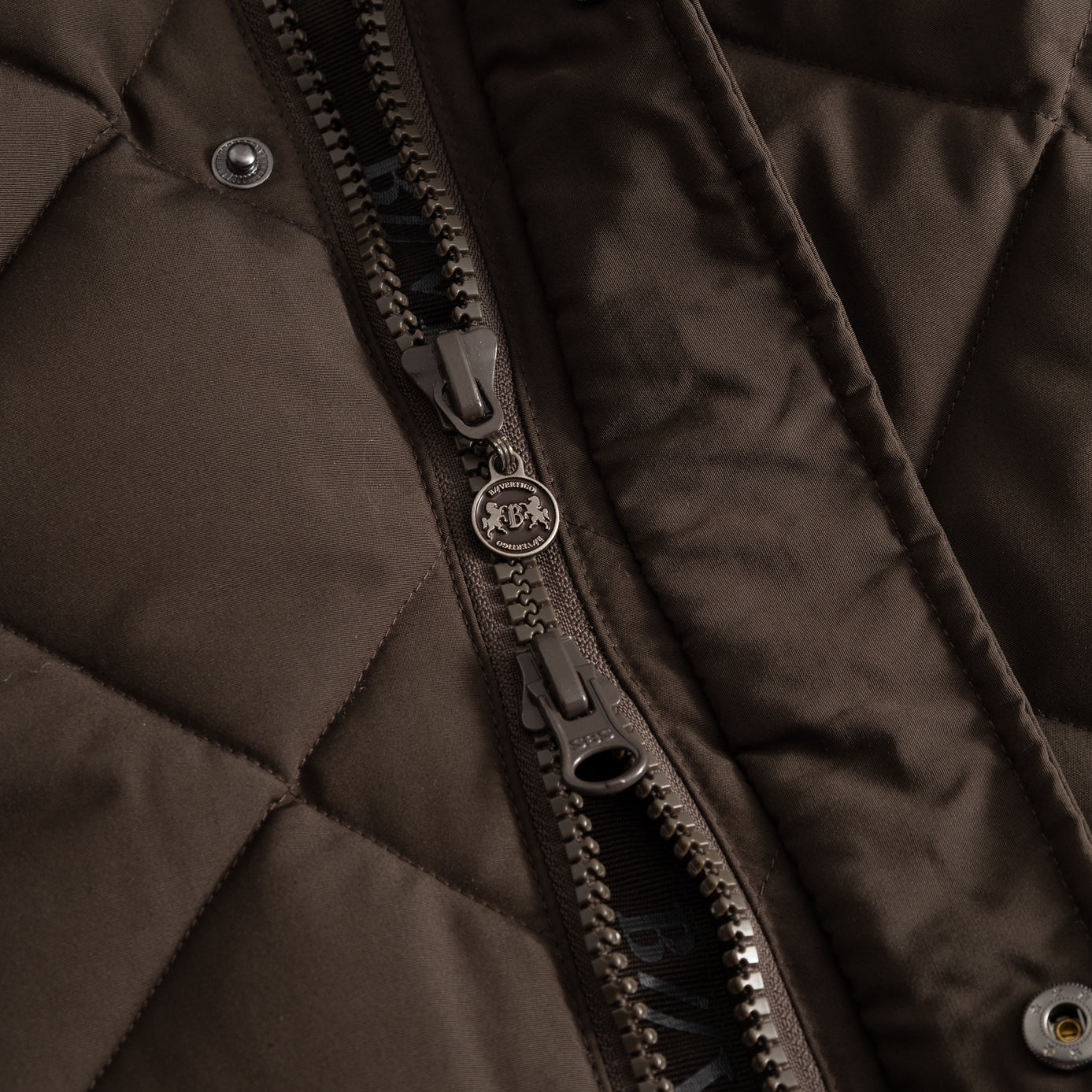 Close-up view of the double zip on the Turkish Coffee B Vertigo Gem Waxed Padded Long Coat