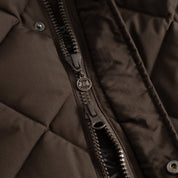 Close-up view of the double zip on the Turkish Coffee B Vertigo Gem Waxed Padded Long Coat