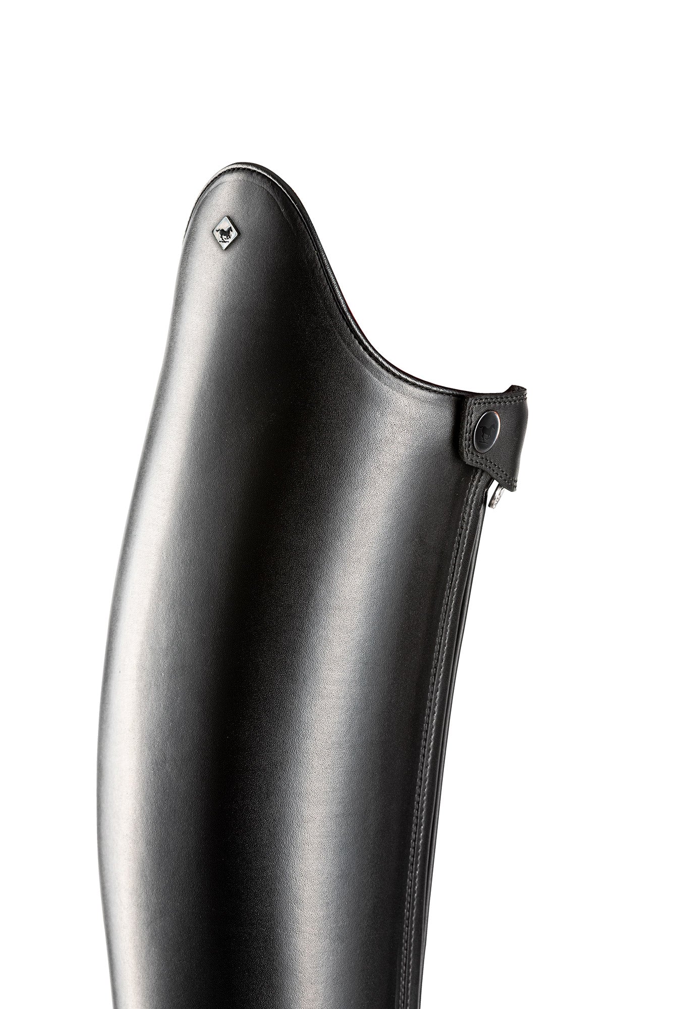 Smooth black leather tall boot shown on plain white background