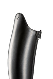 Smooth black leather tall boot shown on plain white background