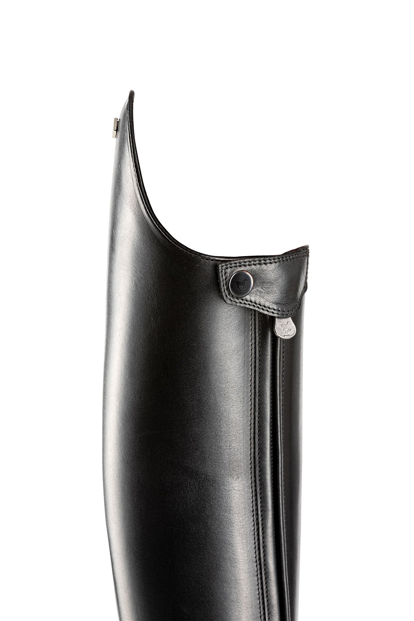 Smooth black leather tall boot shown on plain white background