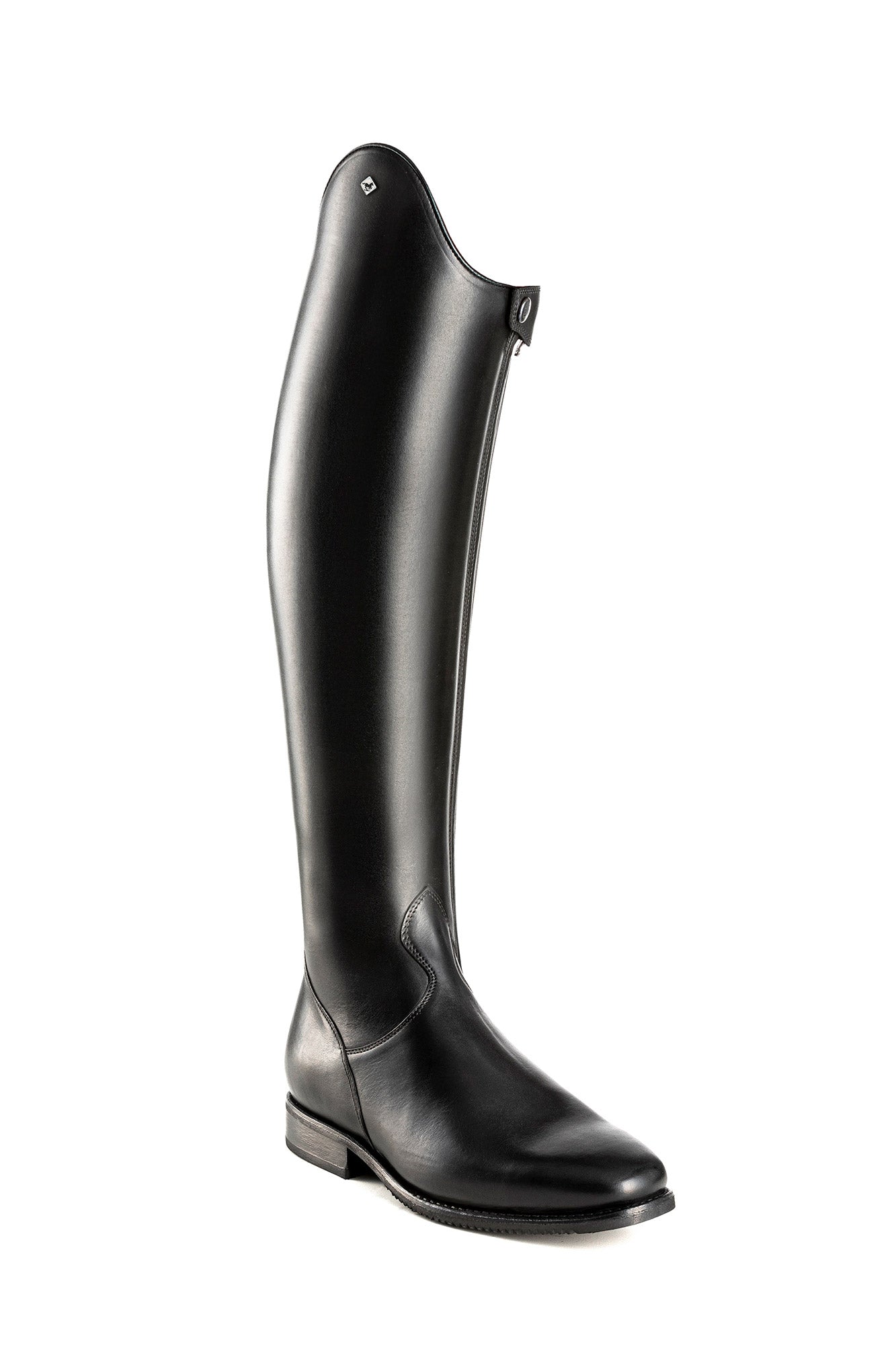 Smooth black leather tall boot shown on plain white background
