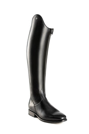 Angled front view of the black DeNiro Tiziano Wrat Black Dressage Boot on a plain background