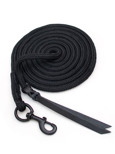 Black woven rope with metal buckle and leather flicker end shown on a plain white background 
