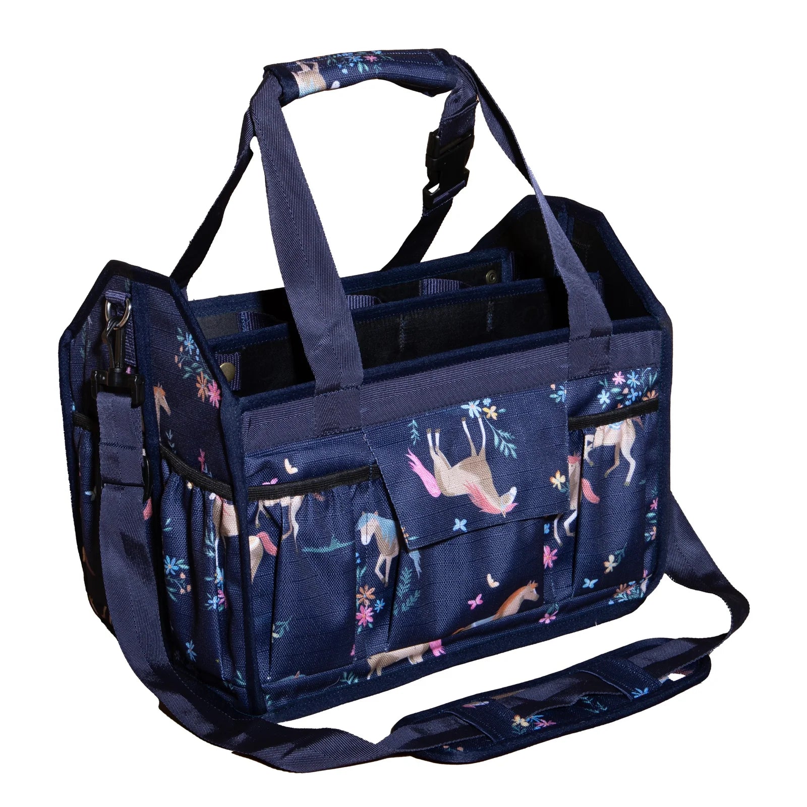 Fabric grooming tote with horse and floral print with handles shown on plain white background