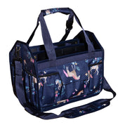 Fabric grooming tote with horse and floral print with handles shown on plain white background