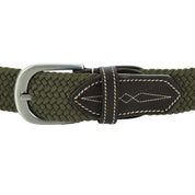 Close-up view of the Olive Green Equinavia Elsa Woven Stretch Belt on a plain background