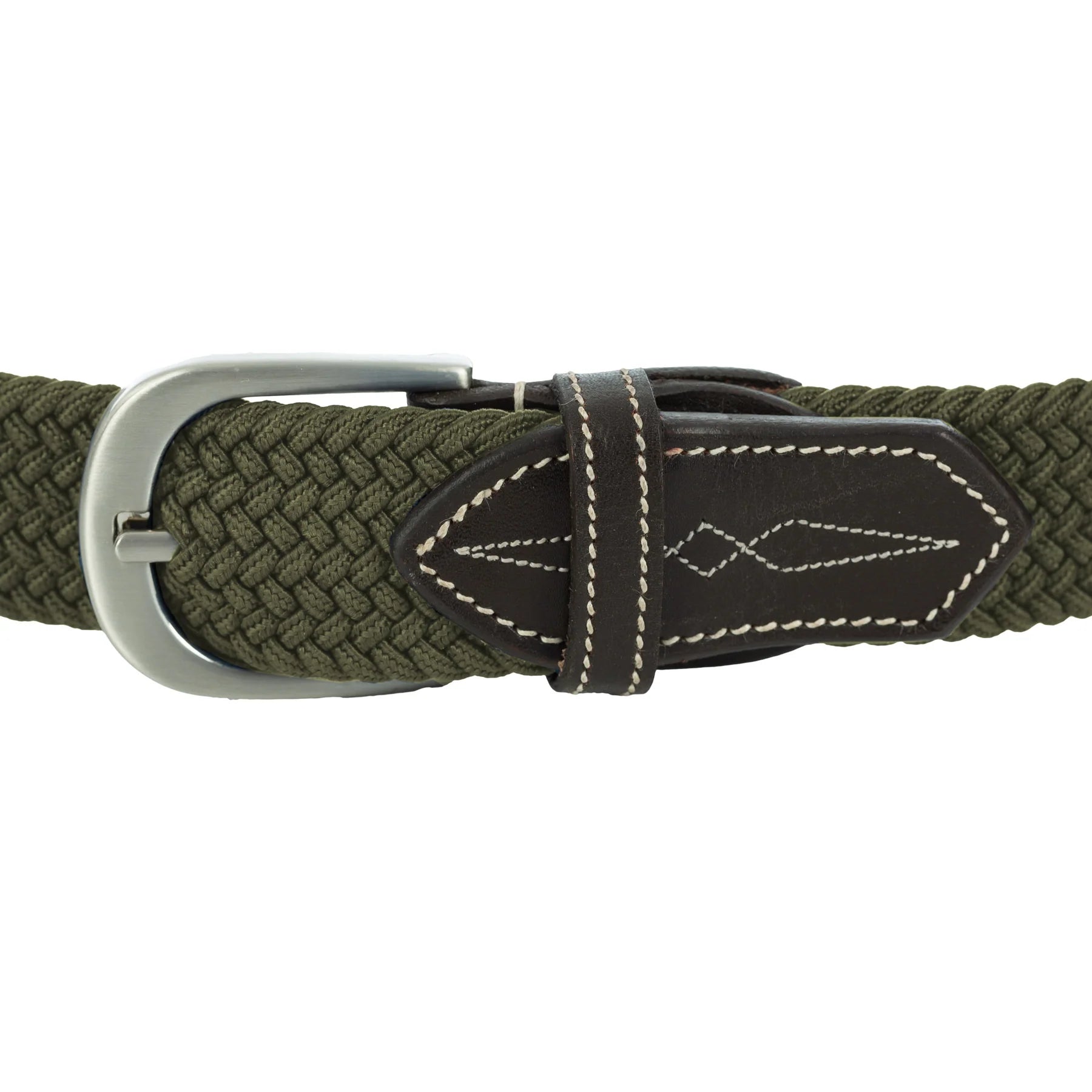 Close-up view of the Olive Green Equinavia Elsa Woven Stretch Belt on a plain background