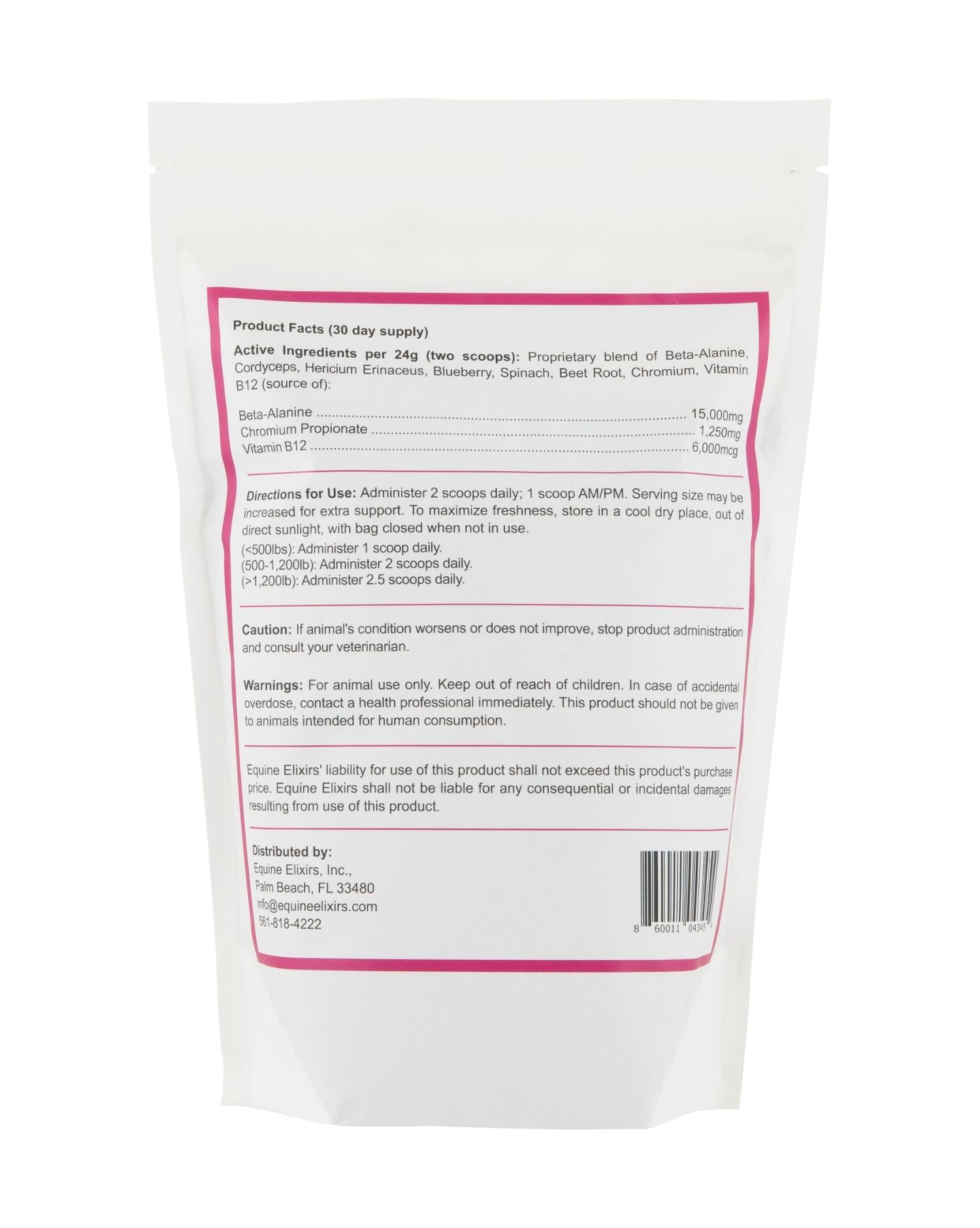 Back view of a small bag of Equine Elixirs Turbo on a plain background