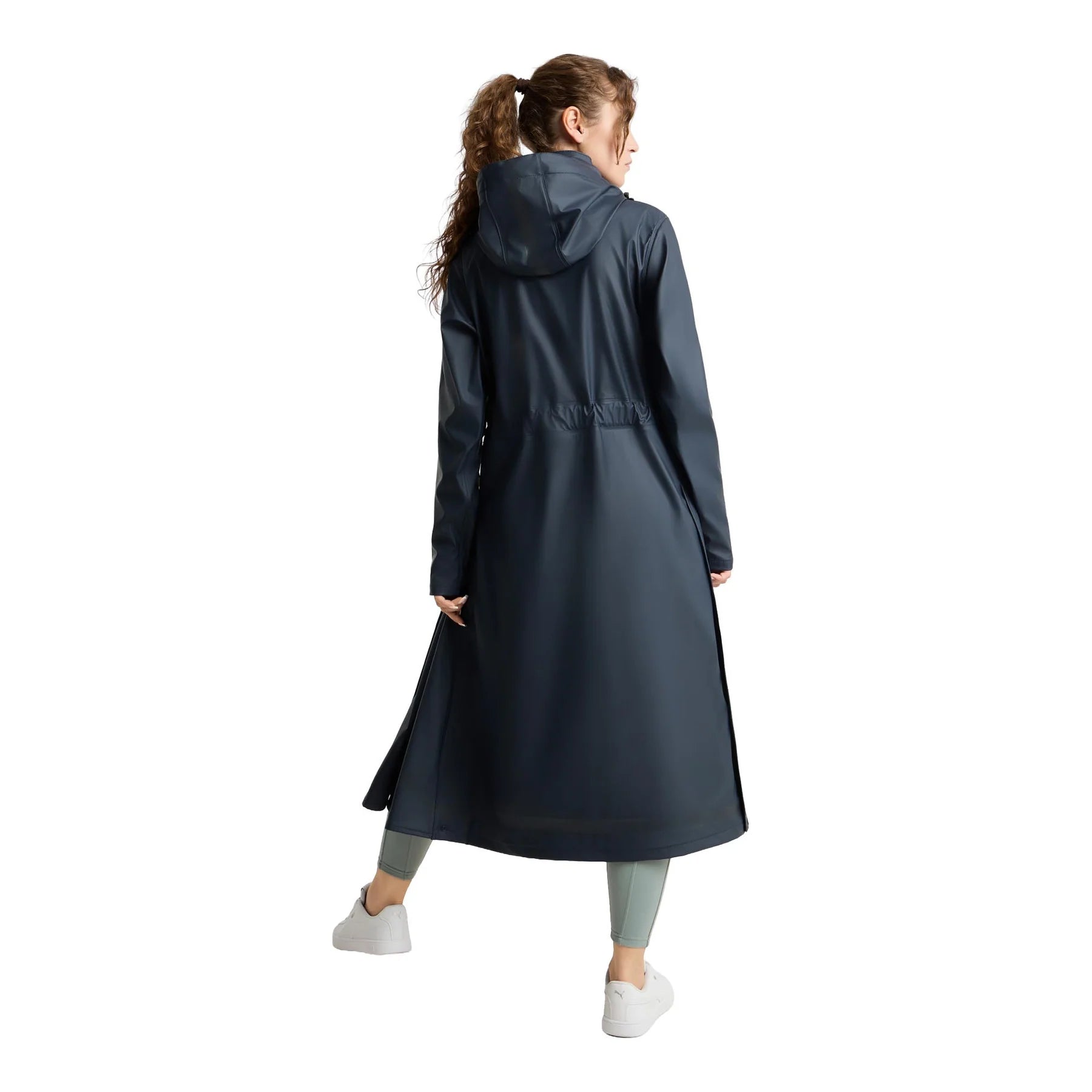 Back view of a model wearing the Navy Horze Hazel Womens Long Raincoat on a plain background