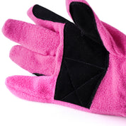 Close-up view of the palm grip on the Deep Coral Pink Horze Kids Fleece Gloves on a white background