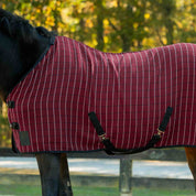Side view of a dark colored horse wearing the Burgundy/Black Equinavia Luftig Waffle Cooler white standing in an outdoor arena