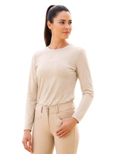 Front view of a female model wearing the Cashmere Equisite Cadence Perforated Long Sleeve Shirt on a white background
