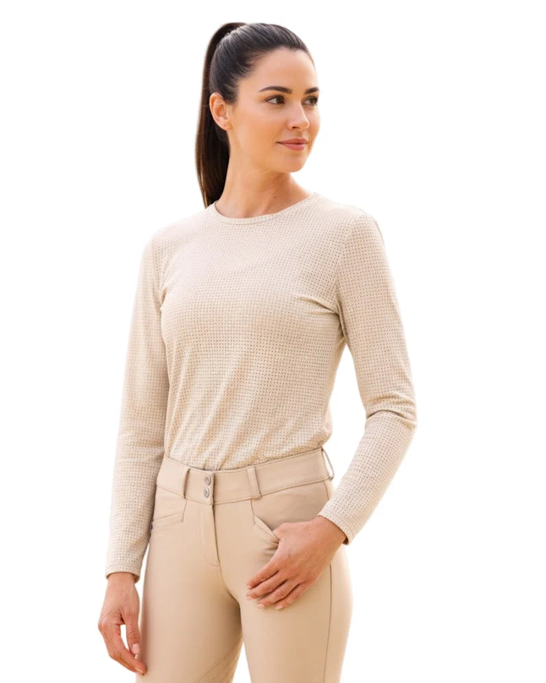 Front view of a female model wearing the Cashmere Equisite Cadence Perforated Long Sleeve Shirt on a white background