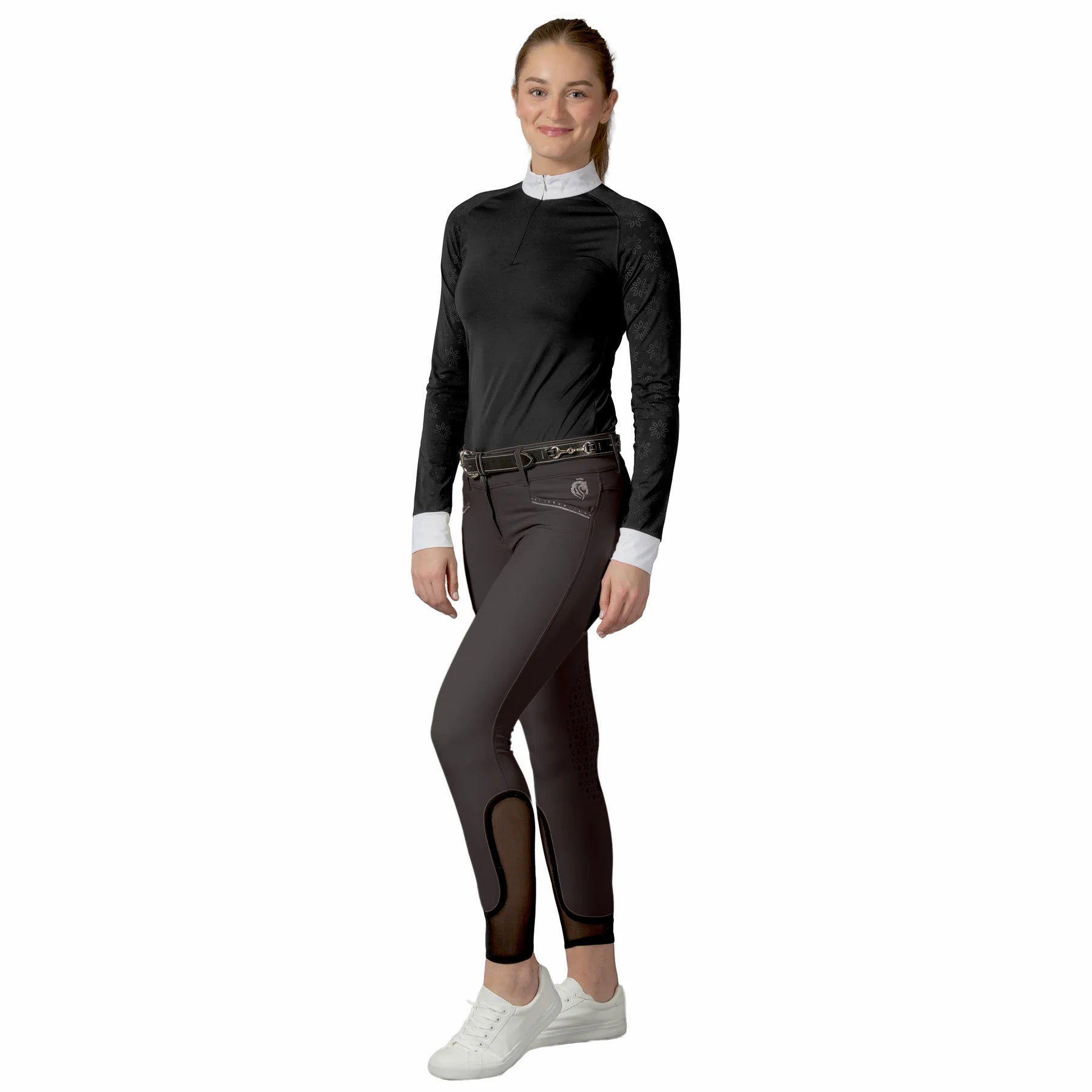 Angled front view of a model wearing the Anthracite Equinavia Victoria Knee Patch Breeches on a plain background