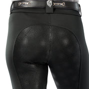Back view of a female model wearing the Black Equinavia Astrid Winter Full Seat Breeches on a white background