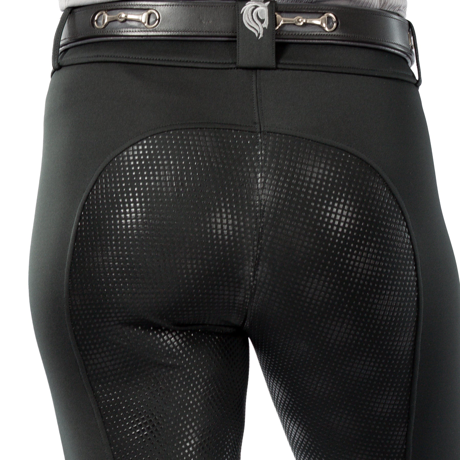 Back view of a female model wearing the Black Equinavia Astrid Winter Full Seat Breeches on a white background