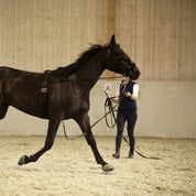 Side view of a black horse wearing the Horze Nylon Lunging Cavesson while a female model is lunging the horse in an indoor arena