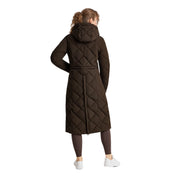 Back view of a female model wearing the Turkish Coffee B Vertigo Gem Waxed Padded Long Coat on a white background