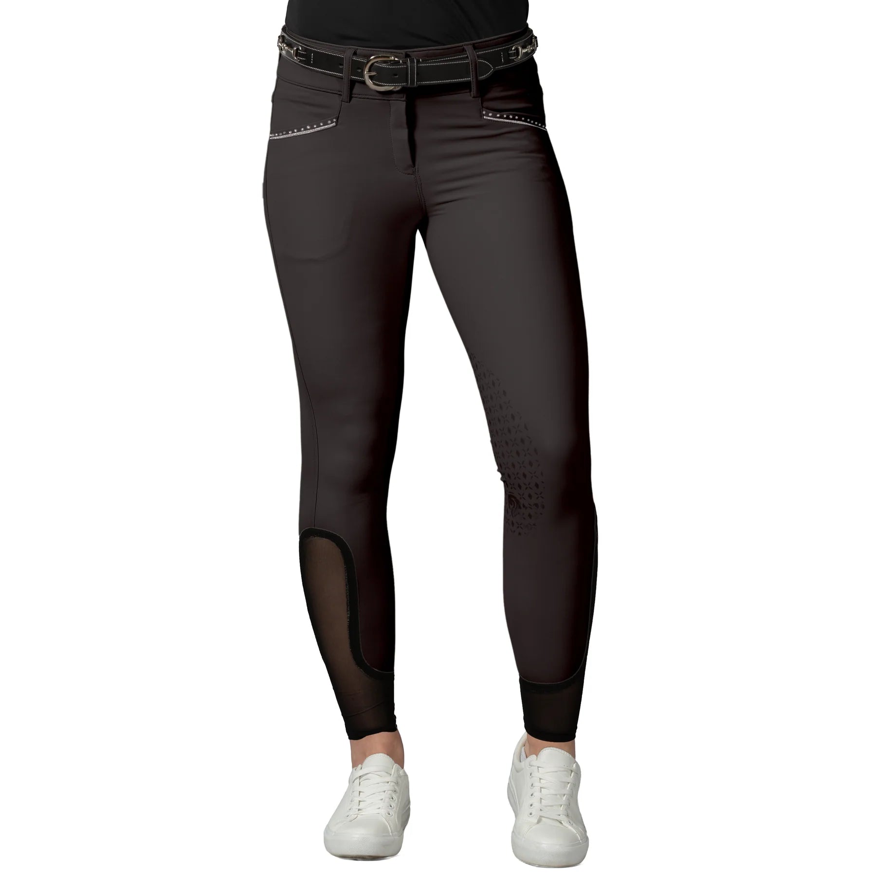 Front view of a model wearing the Anthracite Equinavia Victoria Knee Patch Breeches on a plain background