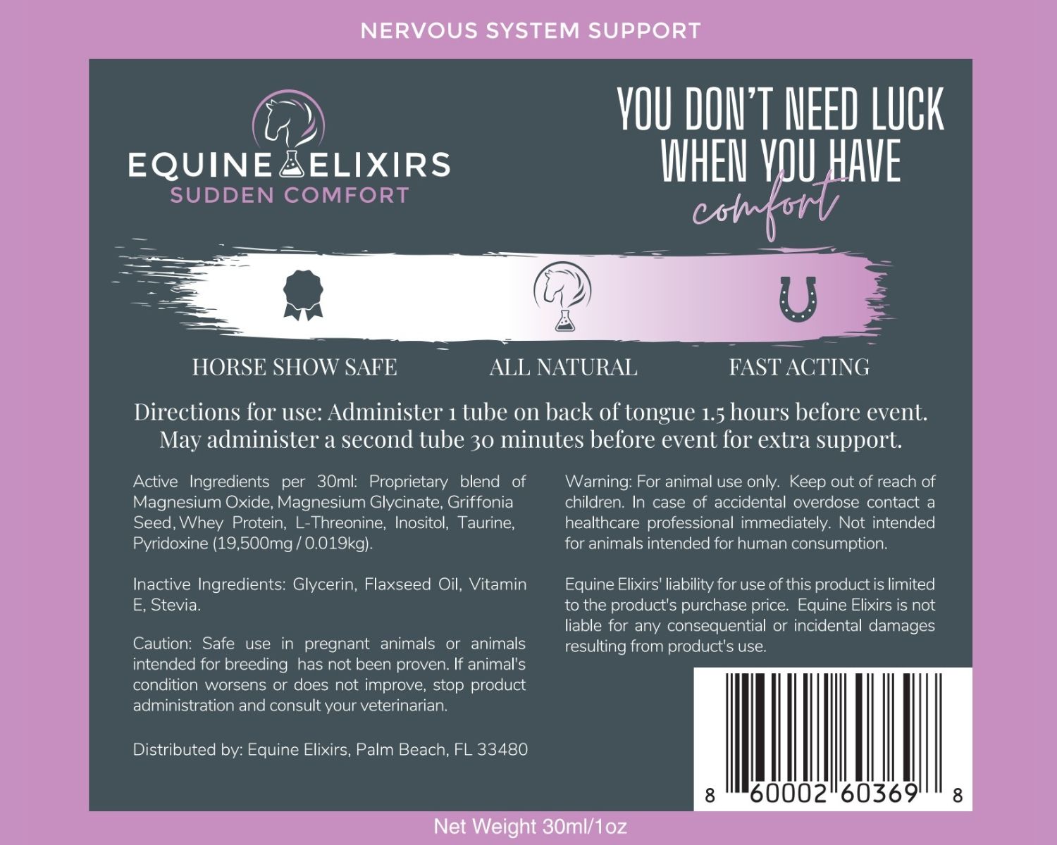 View of the label on the Equine Elixirs Sudden Comfort Paste