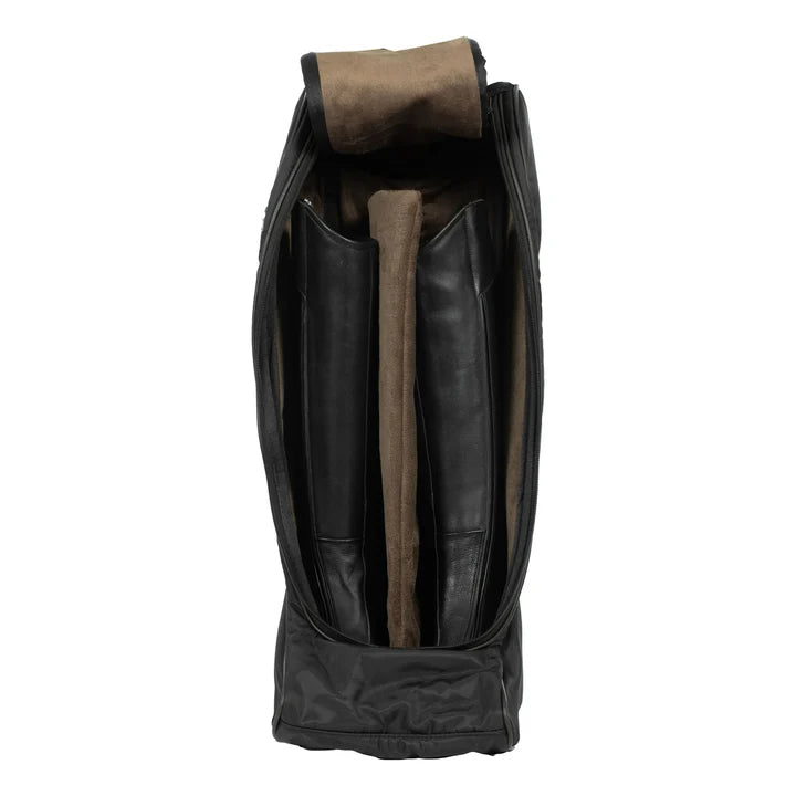 Black fabric tall boot bag with handle and zipper shown on plain white background