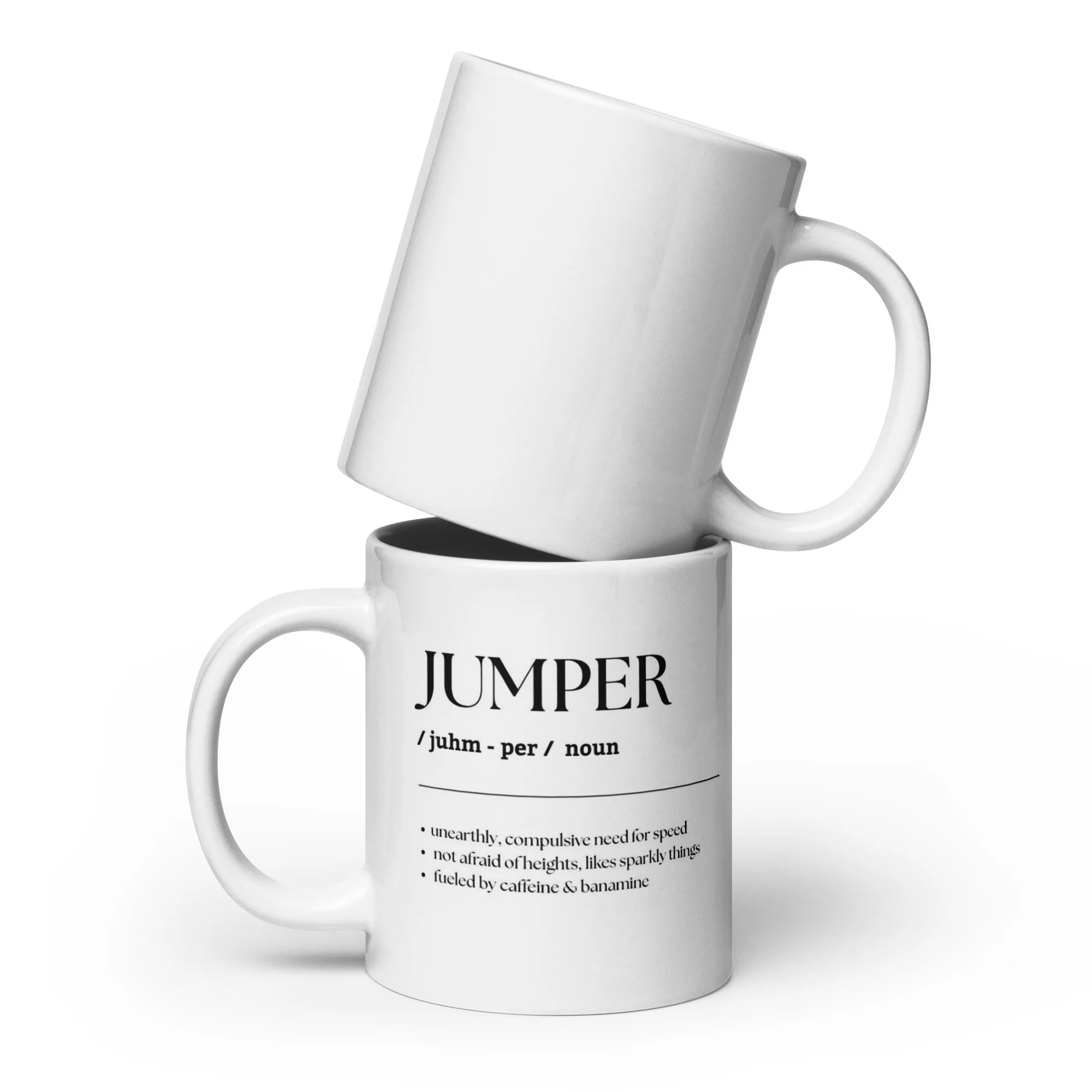 Front and back views of 2 stacked Jumper Unsustainable Equestrian Jumbo Mugs on a plain background
