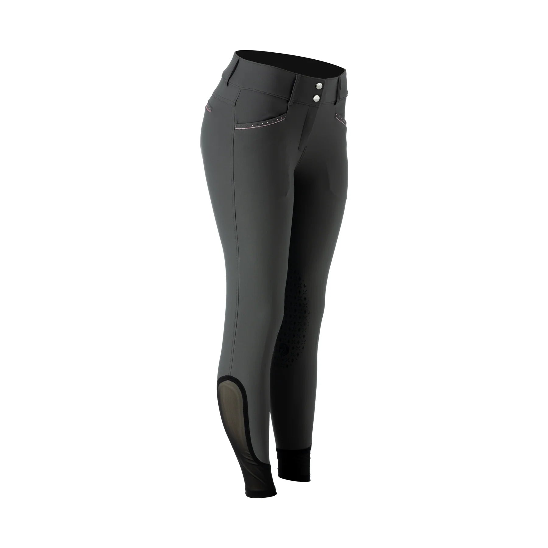 Angled front view of the Carbon/Orchid Equinavia Victoria Knee Patch Breeches on a plain background