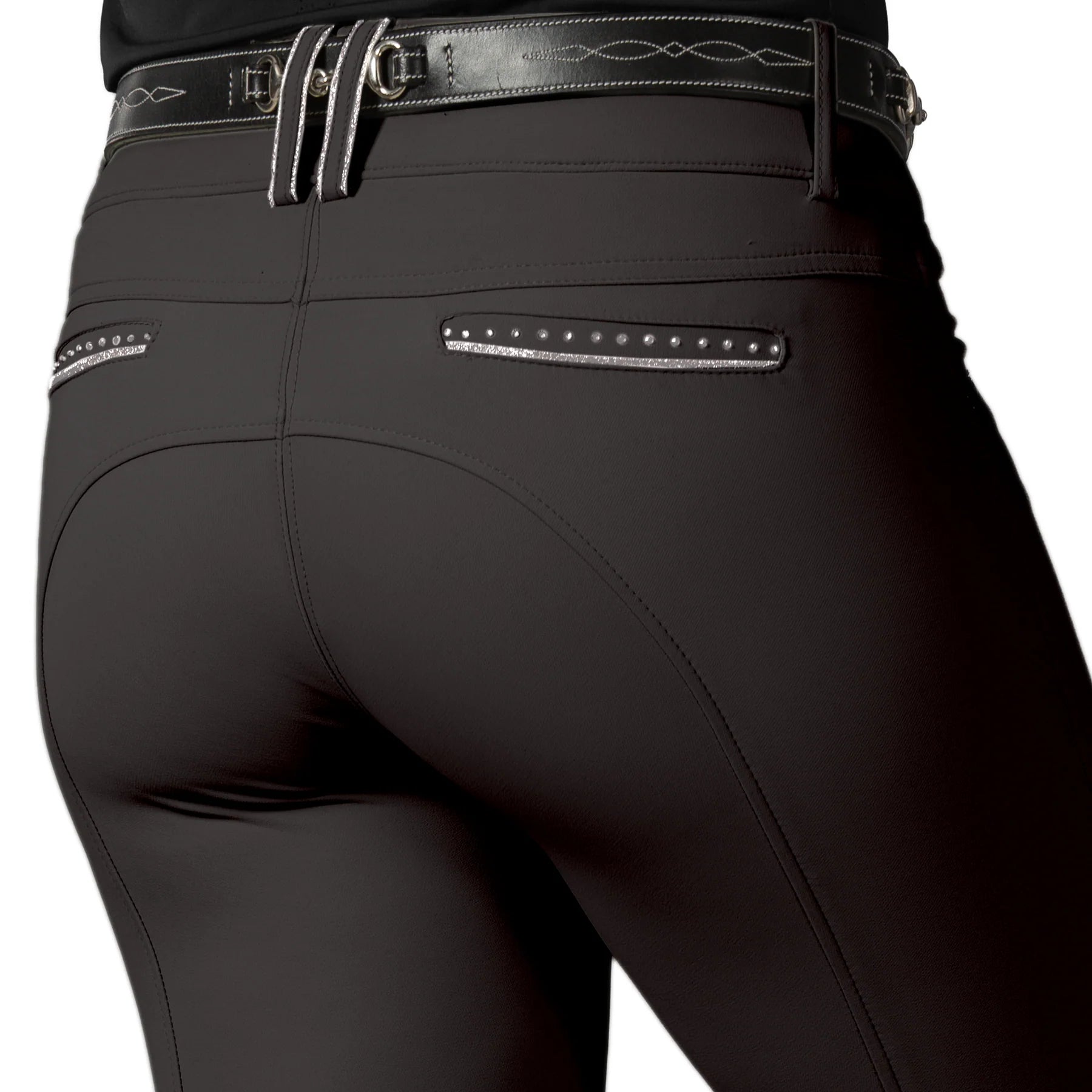 Back closeup view of a model wearing the Anthracite Equinavia Victoria Knee Patch Breeches on a plain background