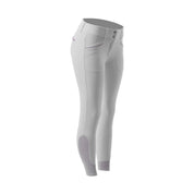 Angled front view of the White/Orchid Equinavia Victoria Knee Patch Breeches on a plain background