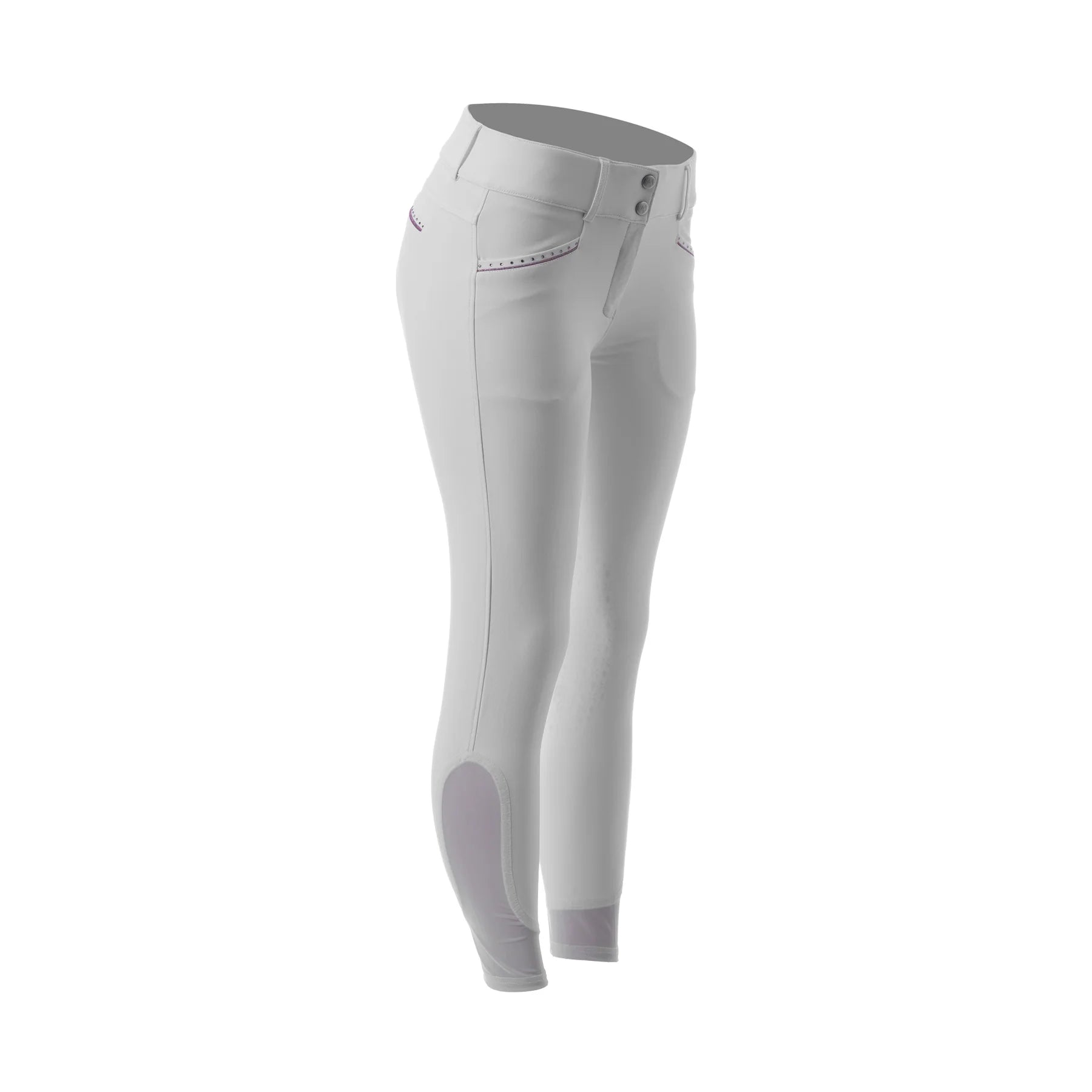 Angled front view of the White/Orchid Equinavia Victoria Knee Patch Breeches on a plain background
