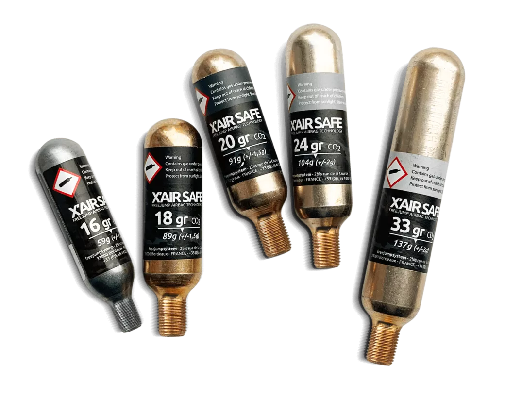 View of an assortment of sizes of the Freejump X'Air Safe Replacement Cartridge on a white background