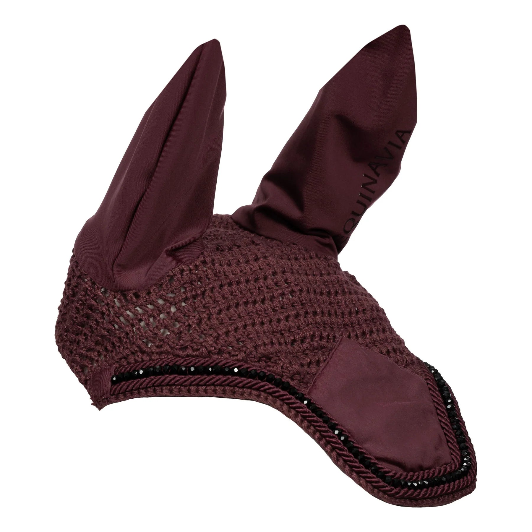 Angled front view of the Burgundy Equinavia Bergen Crystal Ear Net on a plain background showing the right side