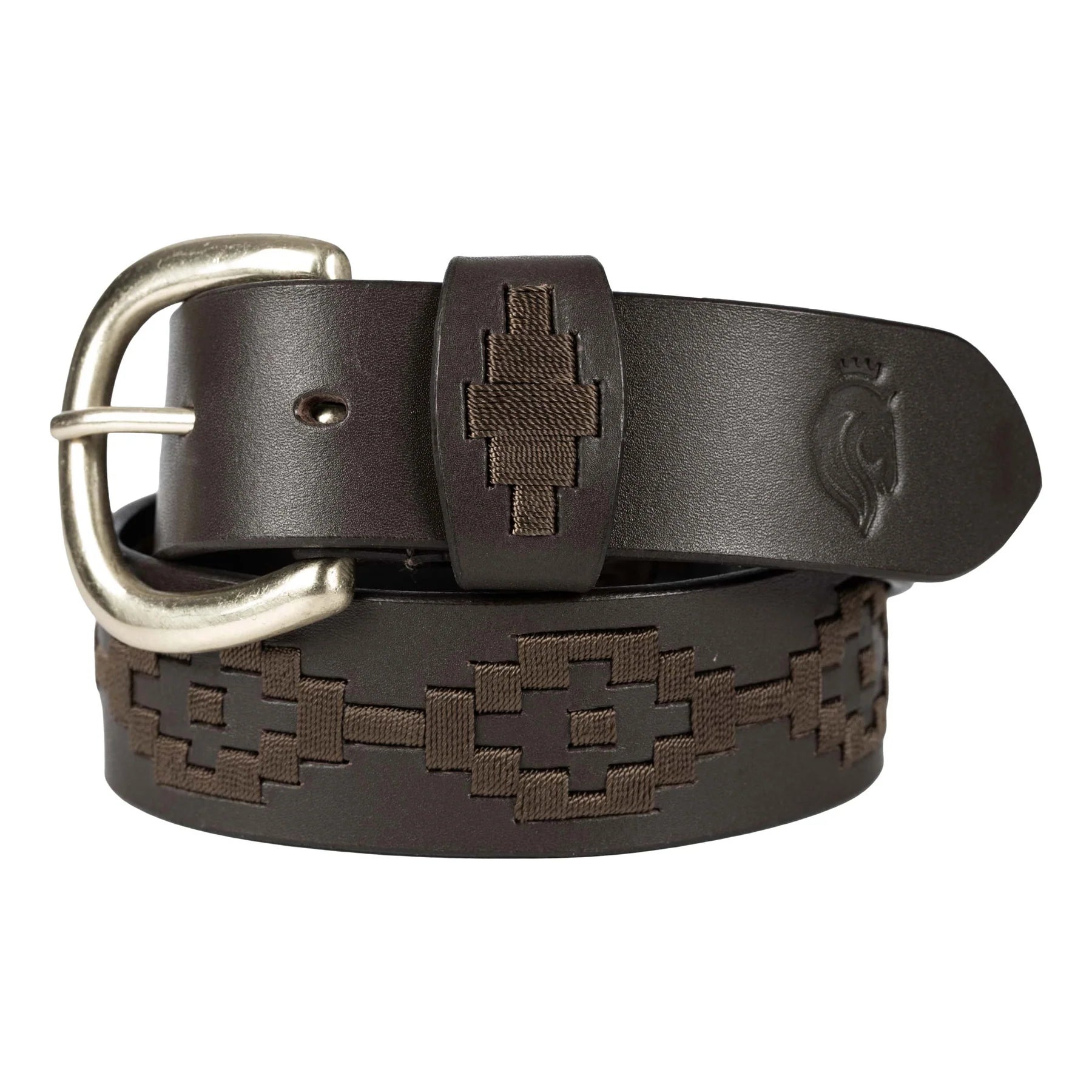 Front view of a rolled up Brown/Bronze Equinavia Siri Polo Belt on a white background